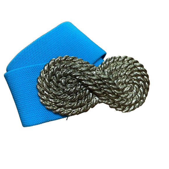 Vintage Blue Stretch Belt Massive Goldtone Rope Textured Twist Buckle 1980’s - Picture 6 of 8